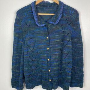 Vintage Handknit  Gold Button  Collared Open Knit Cardigan Sweater Shoulder Pad